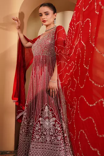 red georgette long sleeve gown with white sequin work