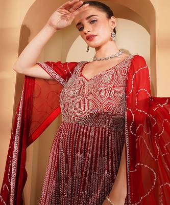 red georgette long sleeve gown with white sequin work 3