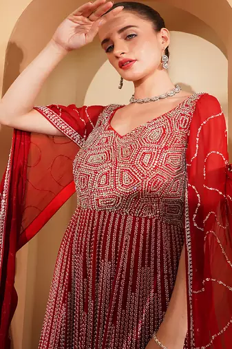red georgette long sleeve gown with white sequin work