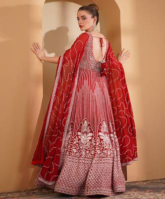 red georgette long sleeve gown with white sequin work 4