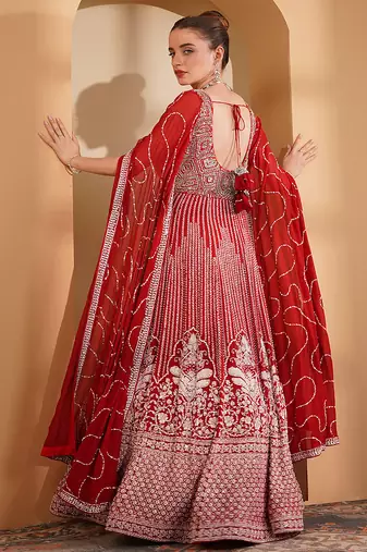red georgette long sleeve gown with white sequin work