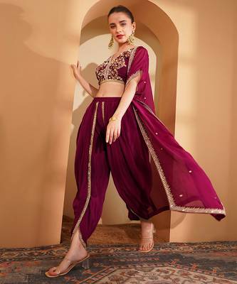 wine crepe tulip pant cape set with zari and mirror work 1