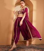 wine crepe tulip pant cape set with zari and mirror work