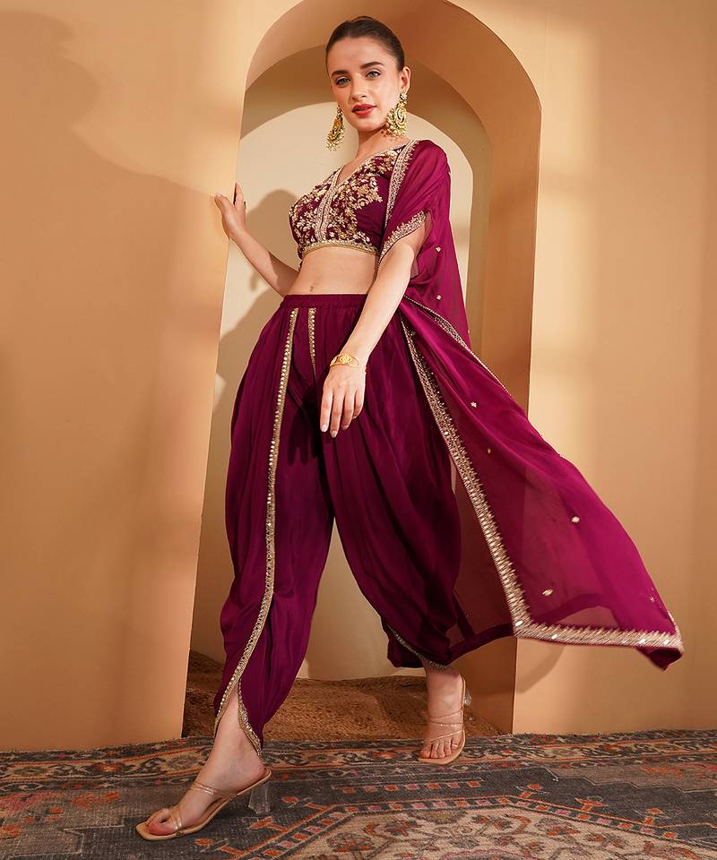 wine crepe tulip pant cape set with zari and mirror work