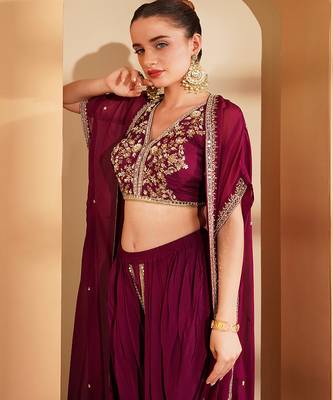 wine crepe tulip pant cape set with zari and mirror work 2