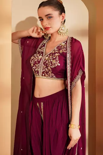 wine crepe tulip pant cape set with zari and mirror work