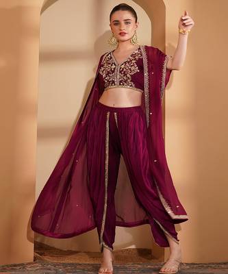 wine crepe tulip pant cape set with zari and mirror work 3