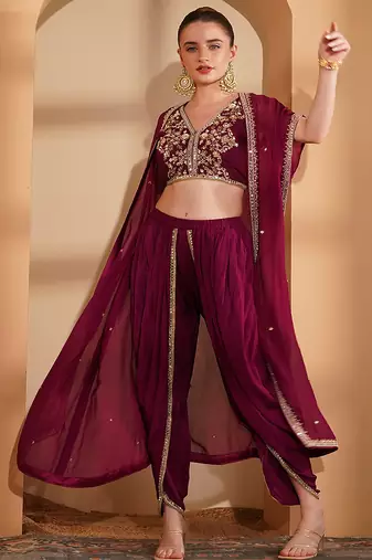 wine crepe tulip pant cape set with zari and mirror work