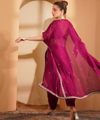 wine crepe tulip pant cape set with zari and mirror work 4