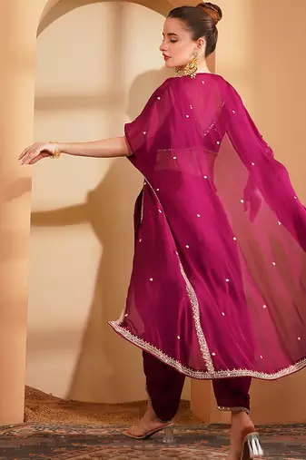 wine crepe tulip pant cape set with zari and mirror work