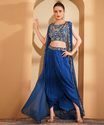 deep blue crepe drape skirt cape set with hand embroidery 1