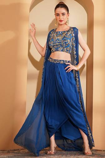 Deep blue crepe drape skirt cape set with hand embroidery on blouse and cape
