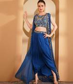 deep blue crepe drape skirt cape set with hand embroidery