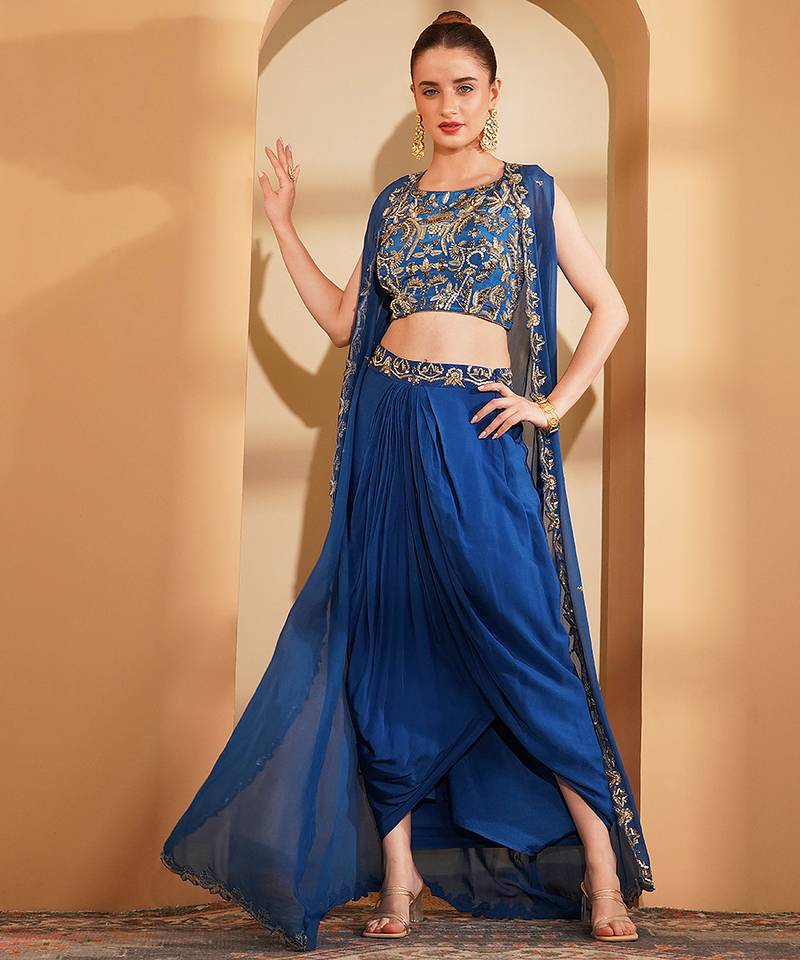 Deep blue crepe drape skirt cape set with hand embroidery on blouse and cape