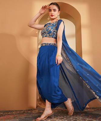deep blue crepe drape skirt cape set with hand embroidery 2