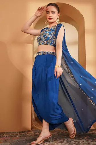 deep blue crepe drape skirt cape set with hand embroidery