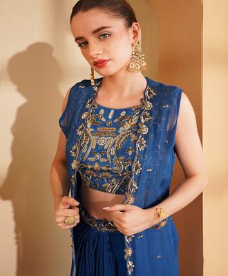 deep blue crepe drape skirt cape set with hand embroidery 3