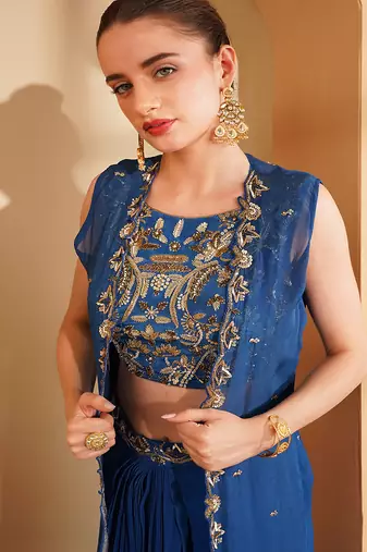 deep blue crepe drape skirt cape set with hand embroidery