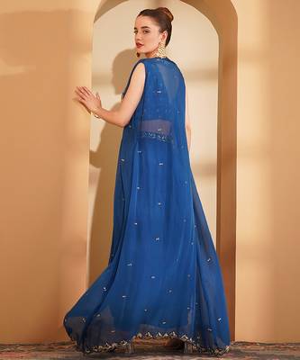 deep blue crepe drape skirt cape set with hand embroidery 4