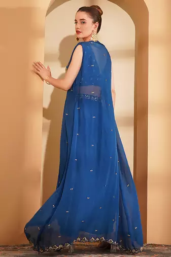 deep blue crepe drape skirt cape set with hand embroidery