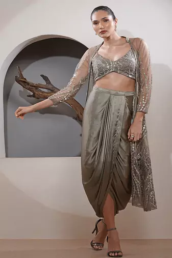 Mouse net zari and faux with mirror work long cape drape skirt set