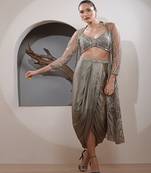 Mouse net zari and faux with mirror work long cape drape skirt set