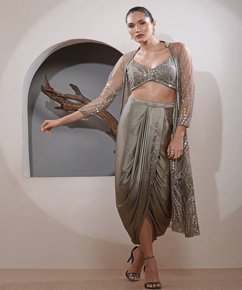 Mouse net zari and faux with mirror work long cape drape skirt set