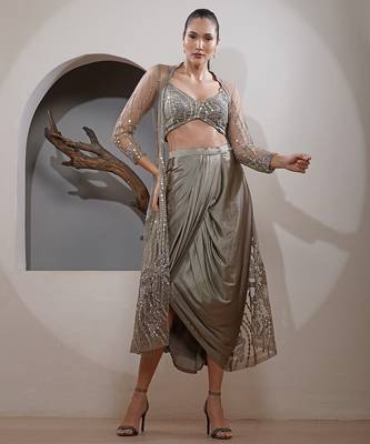 mouse net zari and faux mirror work cape drape skirt set 2