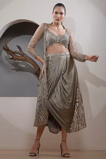 mouse net zari and faux mirror work cape drape skirt set