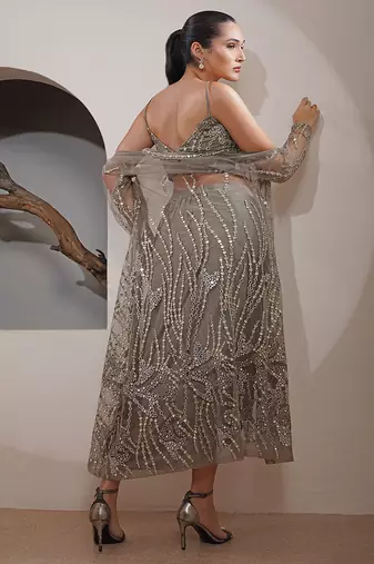 mouse net zari and faux mirror work cape drape skirt set