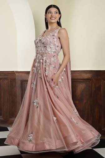 Nude pink net gown with opaque sequins work