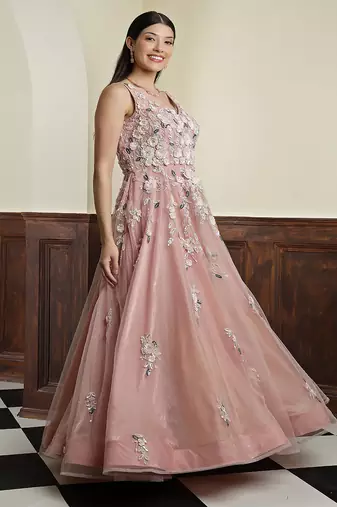 nude pink net gown with opaque sequin embellishment