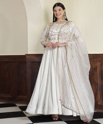 off-white modal satin anarkali with dabka and zari work 1