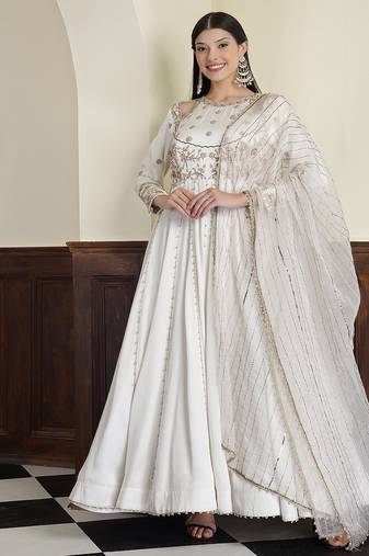 off-white modal satin anarkali with dabka and zari work