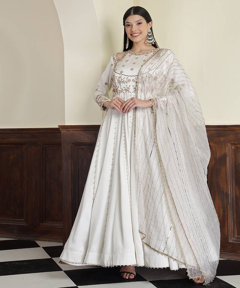 Off white modal satin dabka and cutdana work and pearl anarkali