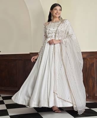 off-white modal satin anarkali with dabka and zari work 2