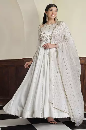 off-white modal satin anarkali with dabka and zari work