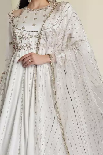 off-white modal satin anarkali with dabka and zari work