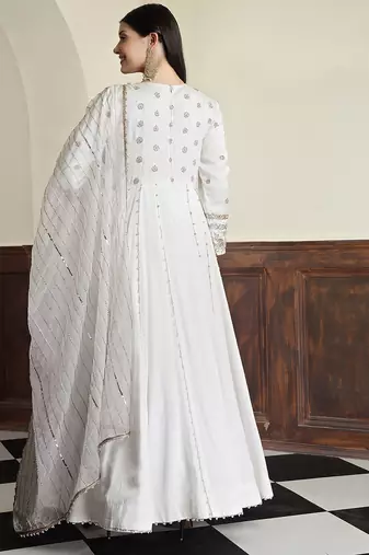 off-white modal satin anarkali with dabka and zari work