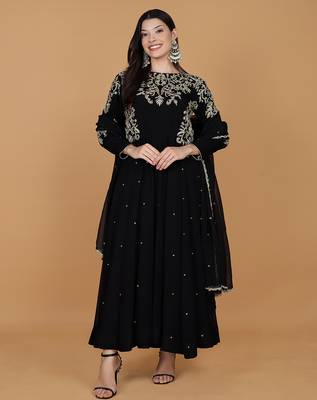 black georgette anarkali dress with dabka and zari work 1