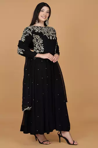 black georgette anarkali dress with dabka and zari work