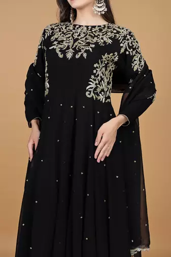 black georgette anarkali dress with dabka and zari work