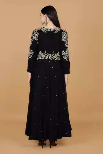 black georgette anarkali dress with dabka and zari work