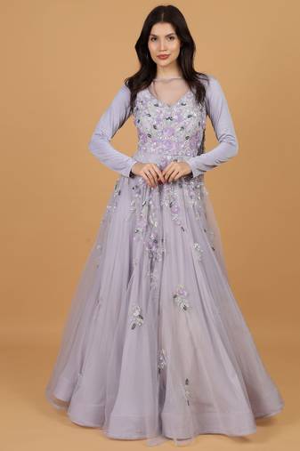 mauve net gown with sequin embroidery