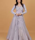 mauve net gown with sequin embroidery