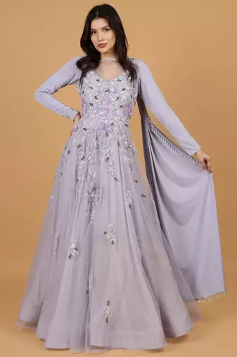 mauve net gown with sequin embroidery