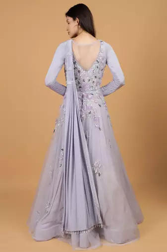 mauve net gown with sequin embroidery