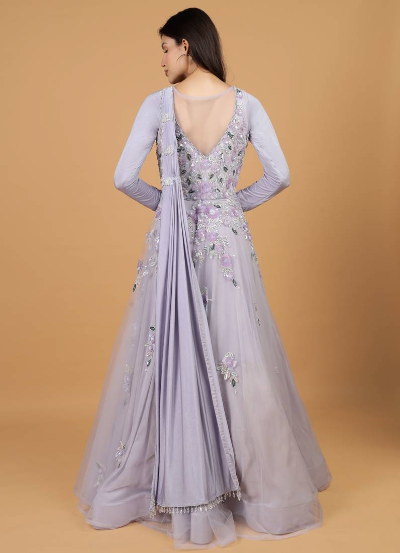 mauve net gown with sequin embroidery