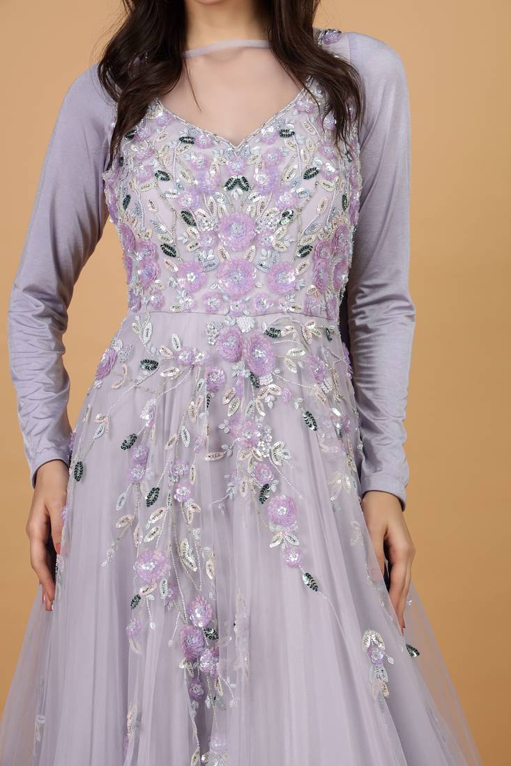 mauve net gown with sequin embroidery