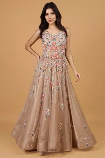 Mocha net gown with opaque sequins work